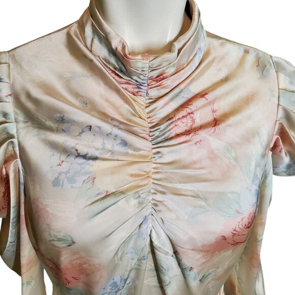 Bardot Sharna 80s inspired Satin Floral Ruched Puff Sleeve Mini Dress sz 8 - Picture 8 of 12